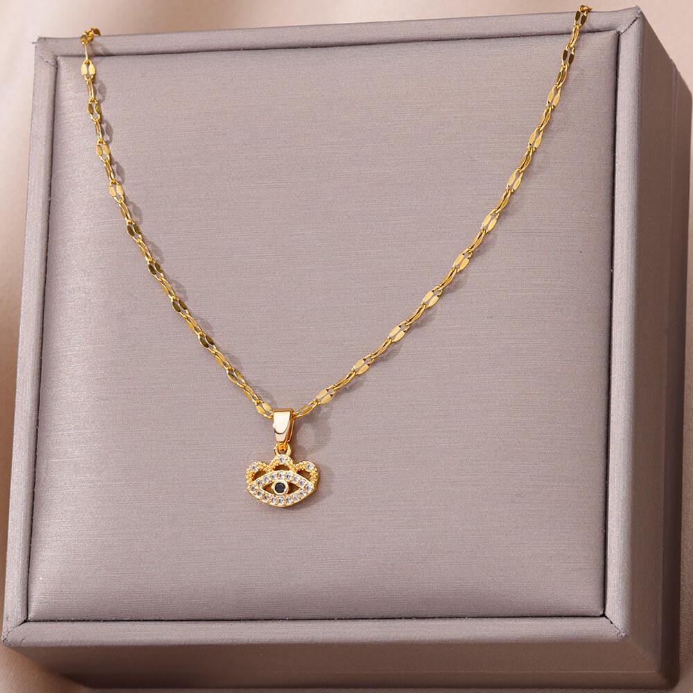 Evil Eye Necklace for Women Stainless Steel Chain Blue Main Stone Pendant Necklaces Vintage Turkish Eye Jewelry Gift