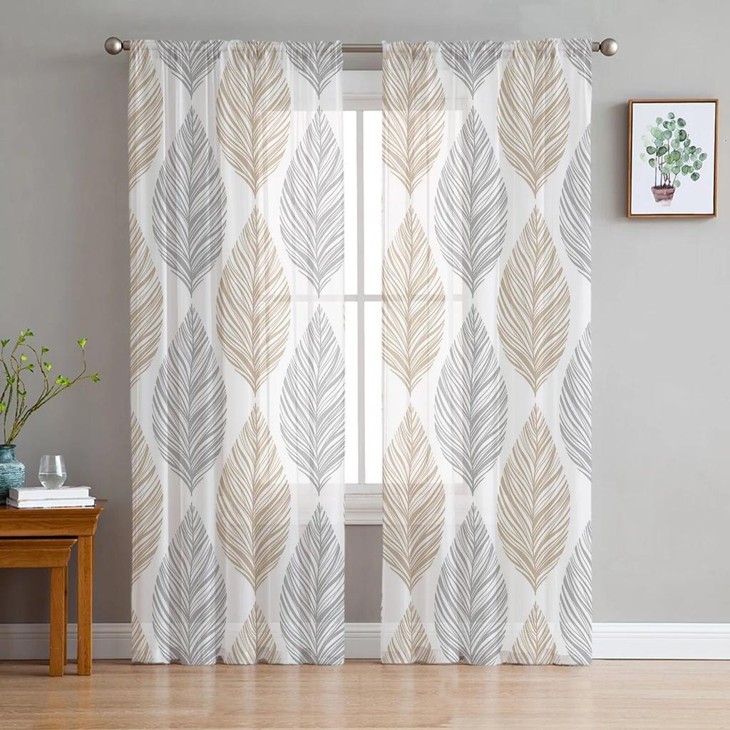 Marineblau-graue Blattstruktur-Tüllvorhänge für Wohnzimmer, Chiffon-Voile, transparenter Fenstervorhang für Schlafzimmer