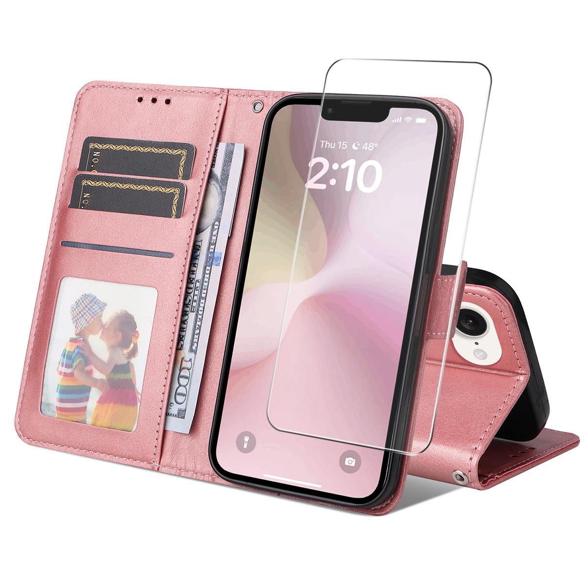 

For iPhone 16e PU Leather Wallet Case ENKAY Phone Stand Cover with Tempered Glass Film Pink