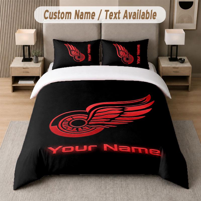 Custom Bedding Set Detroit Red Wings Pattern, Print Name Text 1 Duvet Cover Plus 2 Pillowcases Home Textile