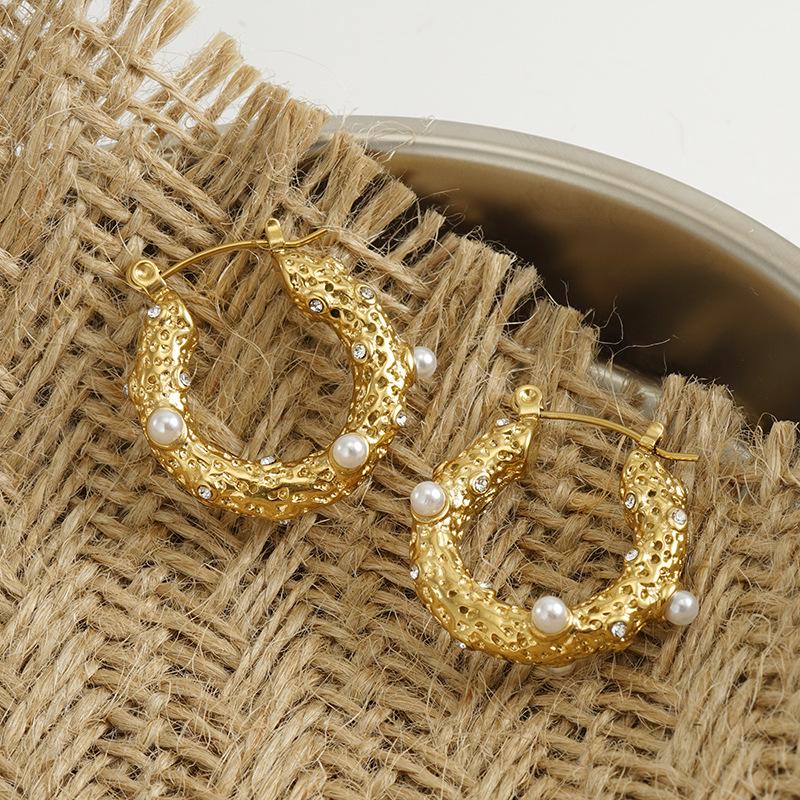 18k Stainless Steel Pearl Earrings - European & American INS Style, Niche Titanium Steel Retro Ear Cuffs for Women