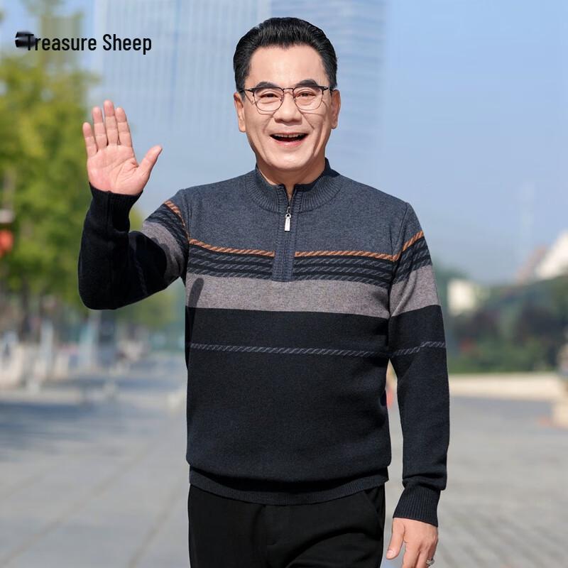 

Men s Thickened Striped Zipper Mock Neck Sweater L