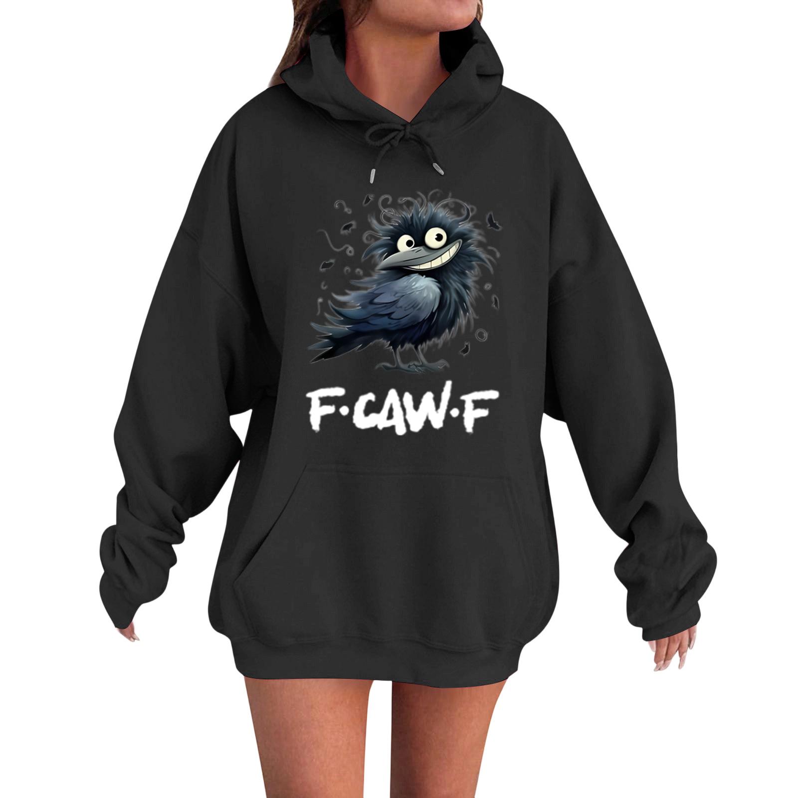 

Oversized Long Sleeve Hoodie with Bird Print Loose Fit Pullover Casual Hooded Sweatshirt for Women and Teens L чёрный