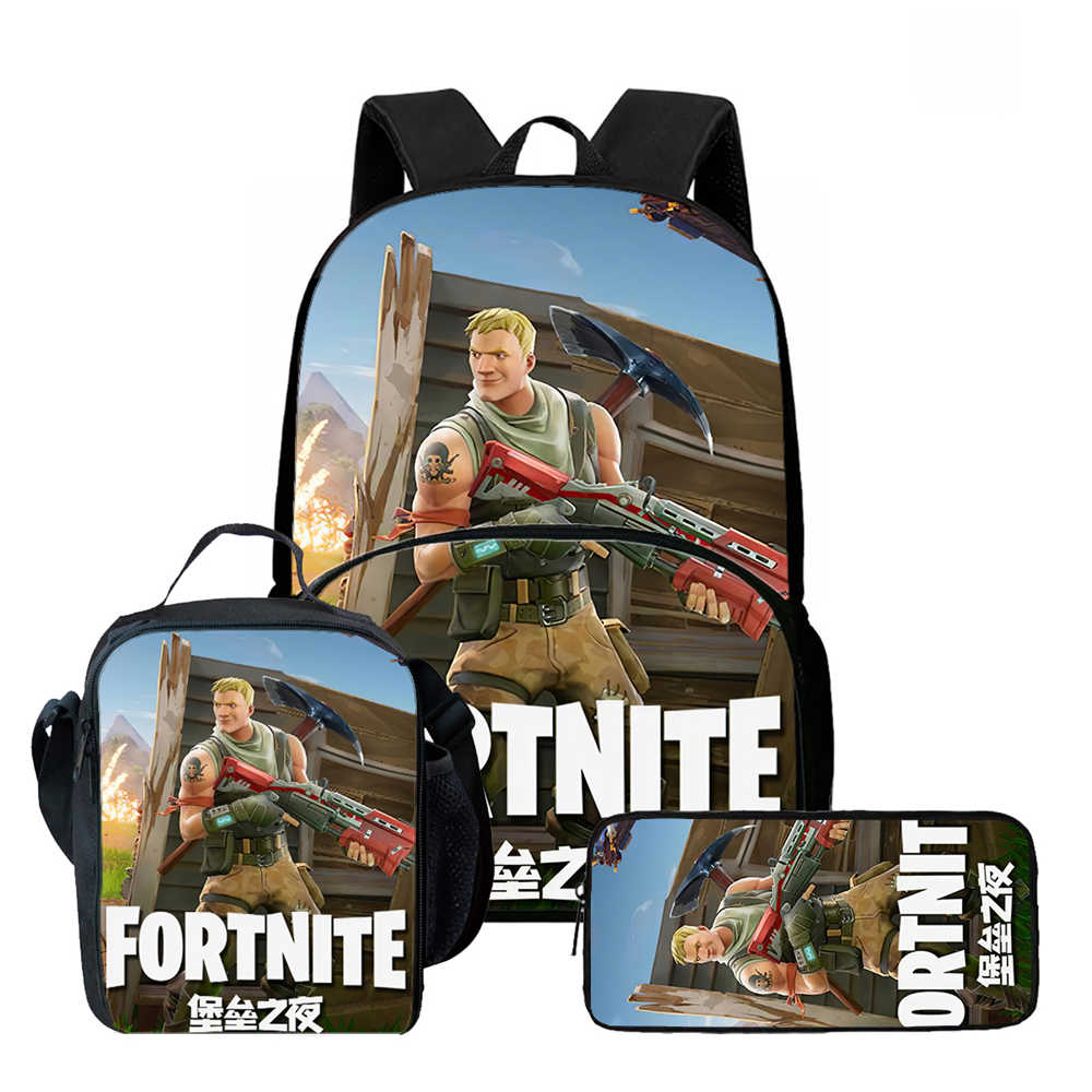 3Pcs Set School Backpack With Front Pocket & Lunch Bag & Pencil Bag,Fortnite Cartoon For Age 6-10,Lightweight For Boys & Girls
