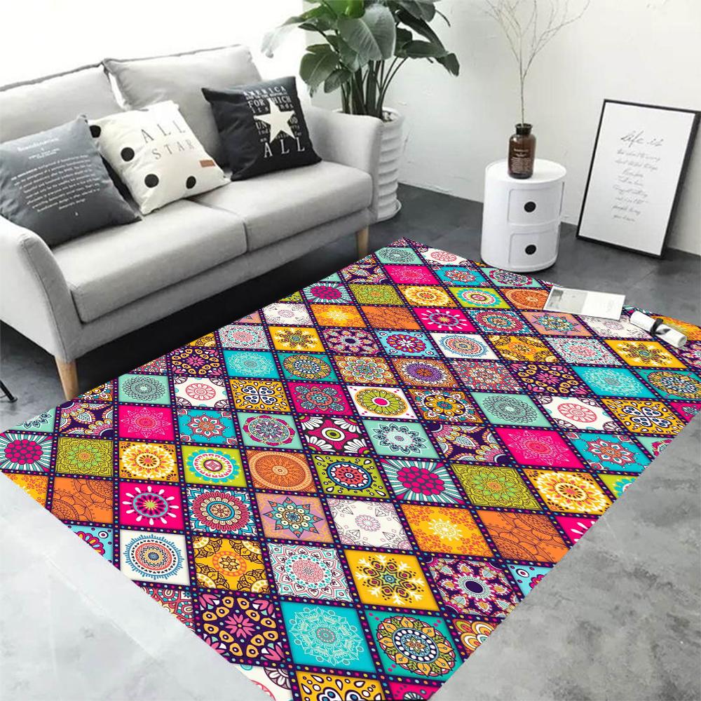 Colorful Patchwork Mandala Rug Bohemian Style Carpet Non-Slip Mat for Living Room Bedroom Home Decoration