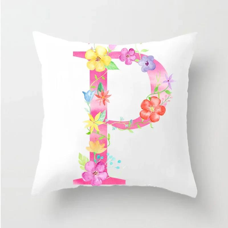 Flower 26 Letters Alphabet Decorative Cushion Cover Polyester Pillowcase Throw Pillow Cover Home Decor Fundas De Cojin 45X45Cm