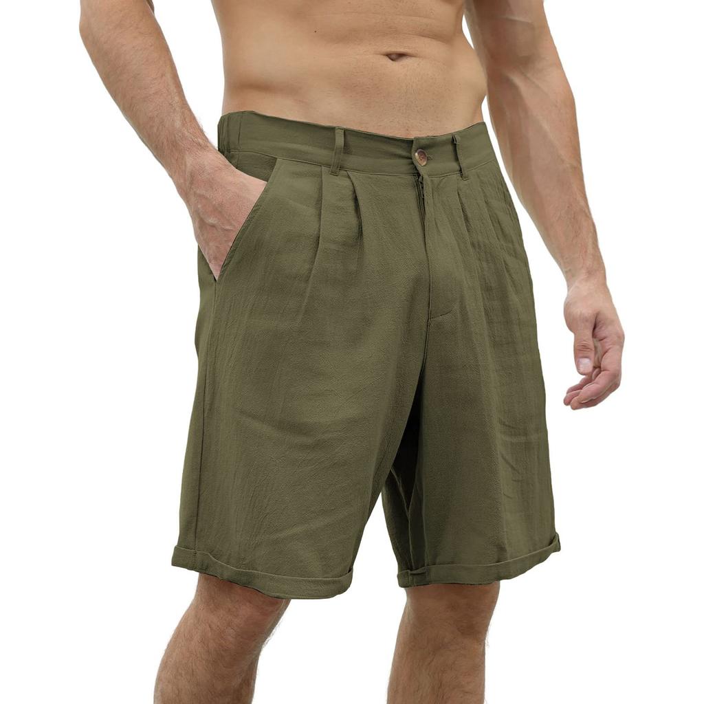 Men Linen Blend Casual Beach Shorts Classic Summer Shorts with Button and Elastic Waistband Relaxed Fit Pockets