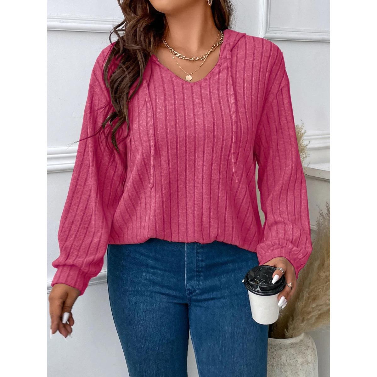 

women s Plus Size Ribbed Knit Hooded V Neck Long Sleeve Top Casual Fall Pullover Shirt 5XL рожевий