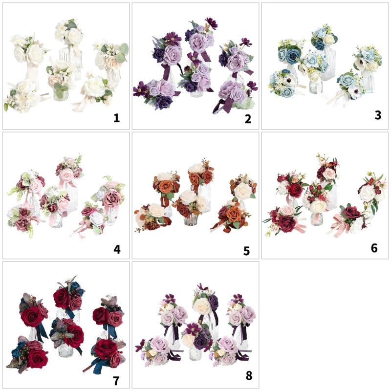 6Pcs Wedding Bouquets with Ribbon for Bride and Bridesmaid Realistic Artificial Rose Flower Bouquets Photography Tool