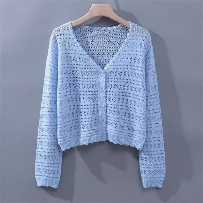 2025 women's summer hollow air-conditioning shirt, fresh candy color v-neck knitted cardigan, light and breathable long-sleeved sunscreen shirt