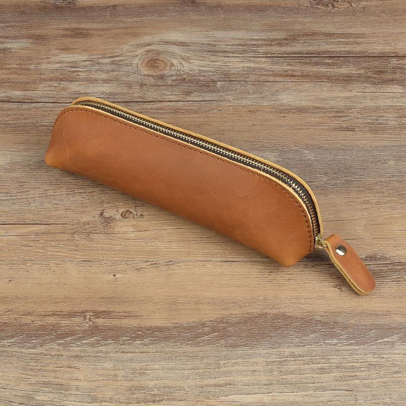 Vintage Leather Pencil Bag Simple Stationery Holder Pen Case Storage Bag Zipper Pencil Pouch Glasses Box School Supplies
