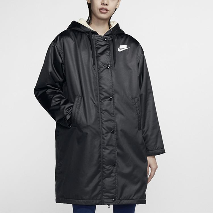 Nike Windproof Warm Mid-Length Casual Hooded Sherpa Cotton Coat Winter Women Coats Black BV3126-010