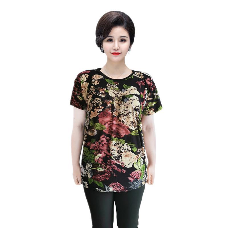 Summer Short-sleeved Ice Silk T-shirt Women's Round Neck Large Size Loose Elastic Multicolor Tops Female Casual Print Blouse