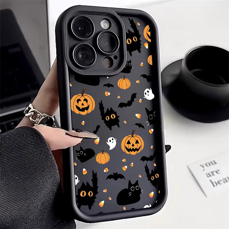 Halloween Cat Pumpkin Bat Silicone Soft TPU Phone Case for iPhone 16 Pro Max 15 Plus 14 13 12 11 17 Air 16E Shockproof Cover