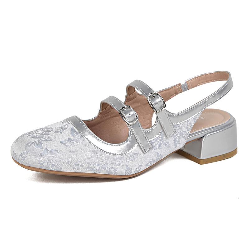Fashion embroider silk gladiator sandals women square toe double belt summer shoes woman med-high heels sandalias mujer big size 43