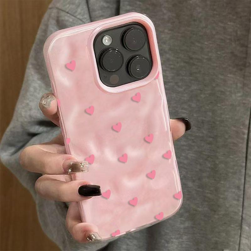 Cute Pink Heart Phone Case for iPhone 17 16 15 Pro 14 Plus 13 12 11 Pro Max Air 16E Wavy Shockproof Soft TPU Protective Cover