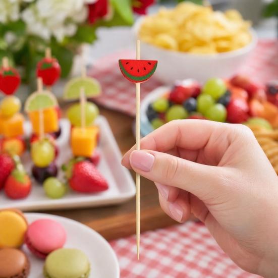 100PCS Disposable Fruit Tags, with Cartoon Fruit Decor Cocktail Picks, Durable Bamboo Skewers, for Fruits Barbecue Cocktails Cakes
