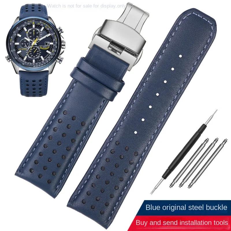 22mm 23mm Cowhide Watch Strap For CITIZEN Blue Angel Radio Wave Watch Band AT8020-54L/8020-03L/JY8078 Curved End Yellow Bracelet