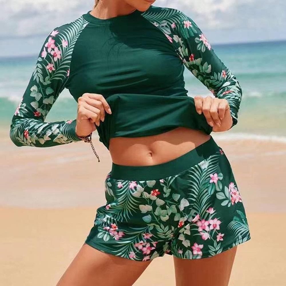 HNYHWKR long-sleeved swimsuit set women's print split conservative sunscreen and UV protection quick-drying surf suit