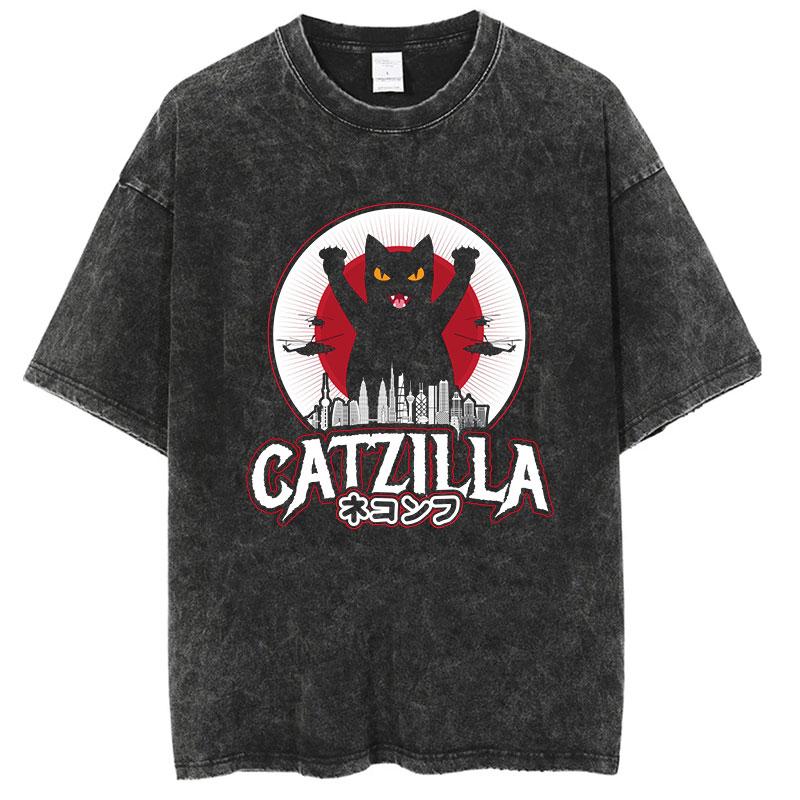 Summer America Other Old Washed Cross-border Large Size Loose T-shirt Catzilla Monster Cat Male and Female Students Tide