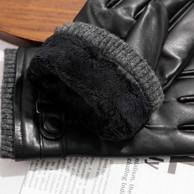 Men's Genuine Leather Gloves  Three Rib Gloves Thickened Sheepskin with Fleece Windproof and Warm Gloves for Driving and Cycling