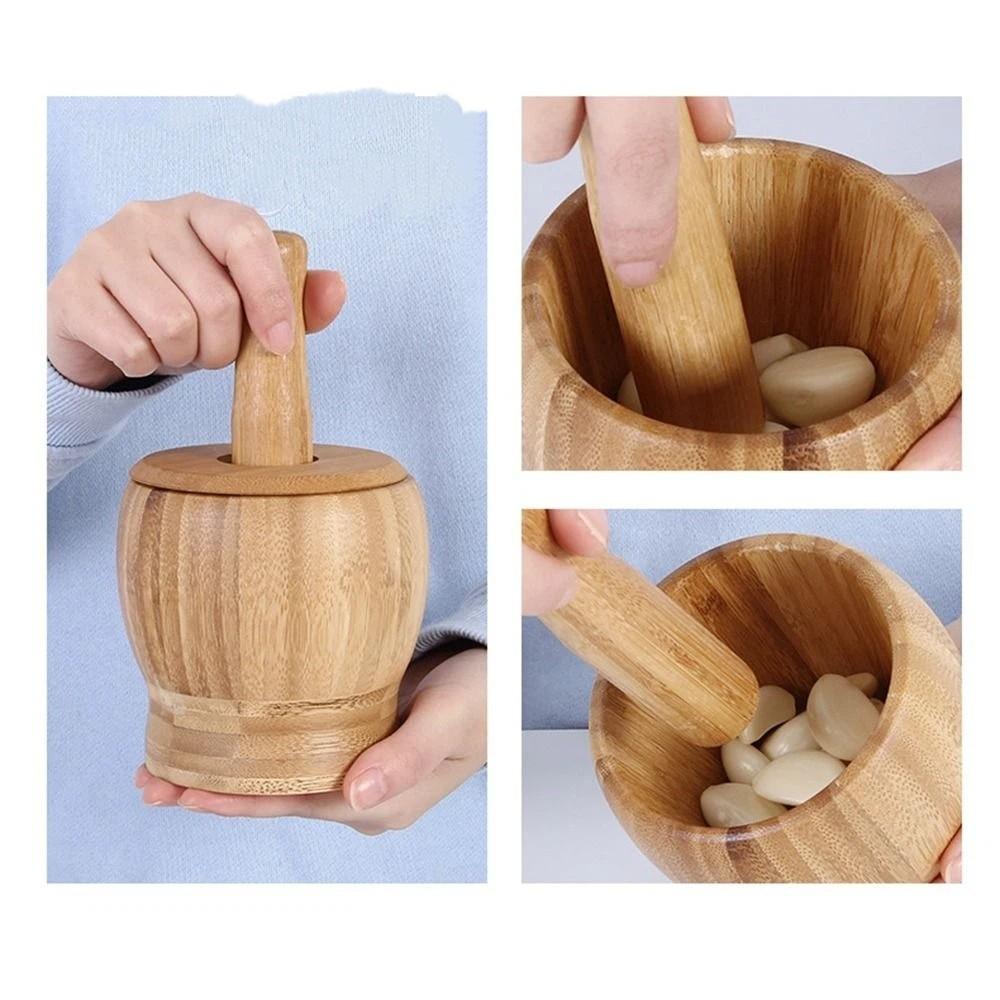 Premium Bamboo Wooden Mortar and Pestle Set Splash-proof Grinding Bowl with Lid  Spice Mixing