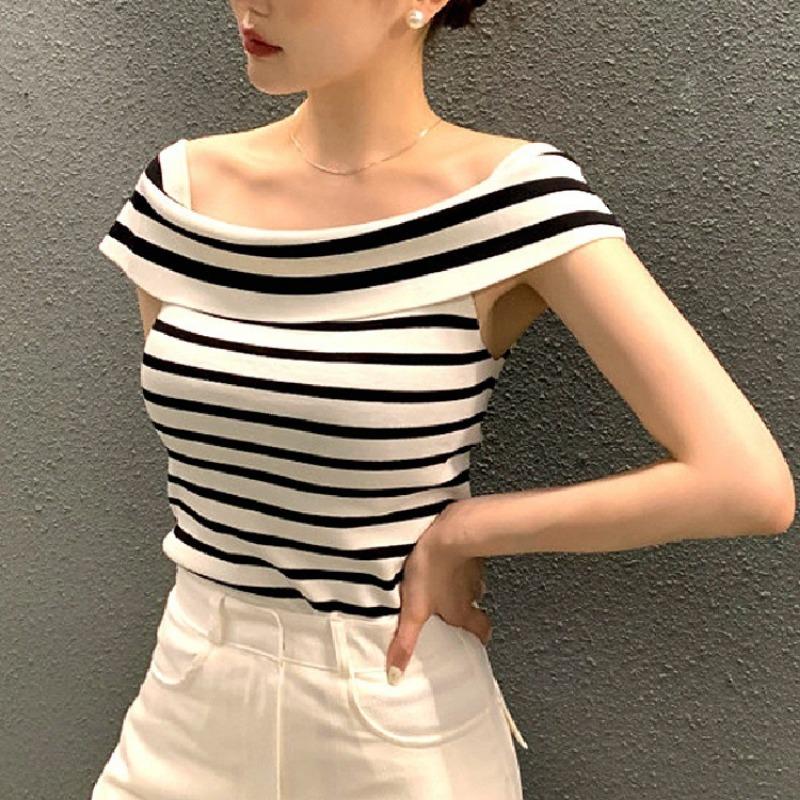 Summer New Temperament Small Sexy One-line Neck Off-the-shoulder Slimming Striped Short-sleeved Sweater Top Woman