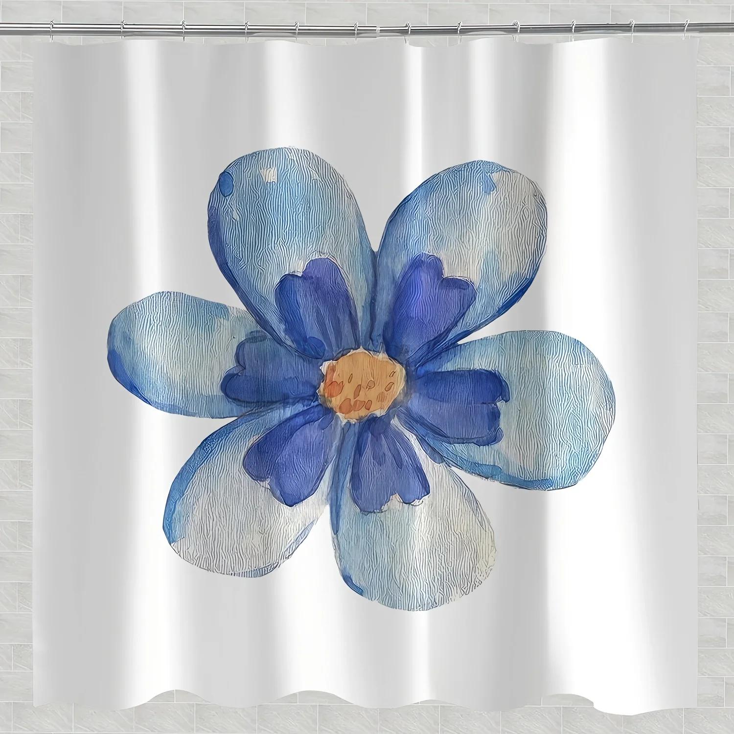 

Blue Floral Bath Curtain - Water-Resistant, Machine Washable, Includes Hooks, Artsy Design, All-Season W60H190(CM)-1 Pcs