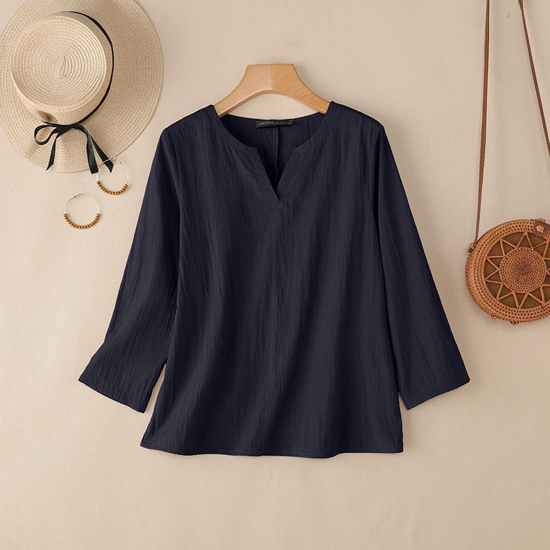 

ZANZEA Женская повседневная однотонная блузка с V-образным вырезом и рукавом 3/4 2XL тёмно-синий