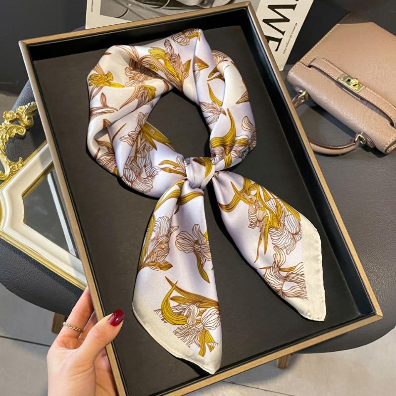 Luxury Brand 2024 Silk Square Scarf Women Cat Neck Hair Tie Band Beach Hijab Kerchief Head Headbands Bandana Female Foulard 70cm