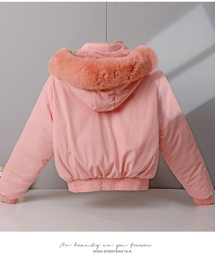 Women's Fleece-lined Cotton-padded Coat with Big Fur Collar Short Thickened Hooded Jacket