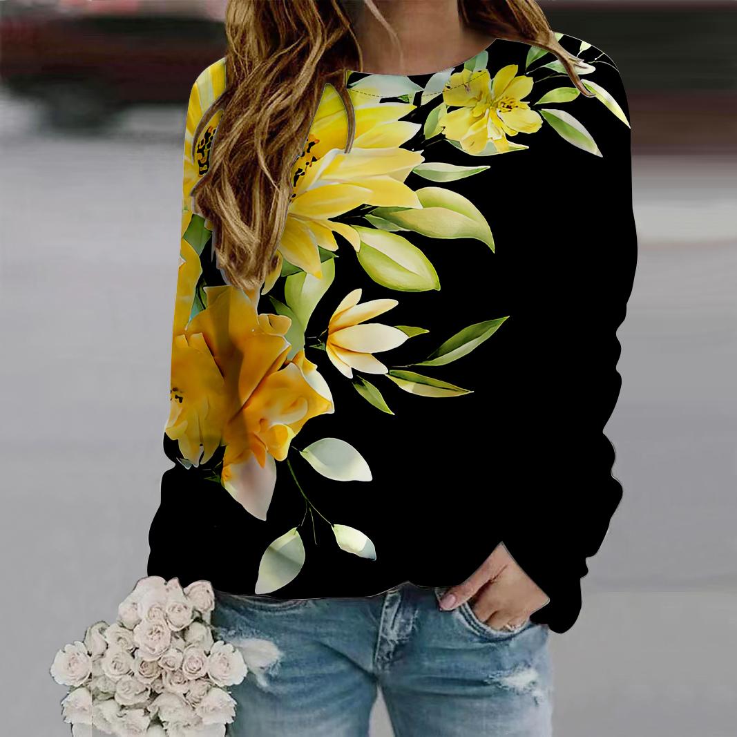 

Осенняя женская мода с круглым вырезом и длинным рукавом, свободная одежда, футболка с принтом больших зеленых листьев для девочек, уличная одежда XL жёлтый