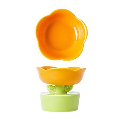 Ceramic Cat Food Bowl Cute Flower Shape Large Capacity Neck Spine Protection Raised Pet Food Bowl