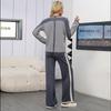 New Autumn and Winter V-neck Color Matching Striped Knitted Bat Sweater Loose Wide-leg Pants Knitted Two-piece Set