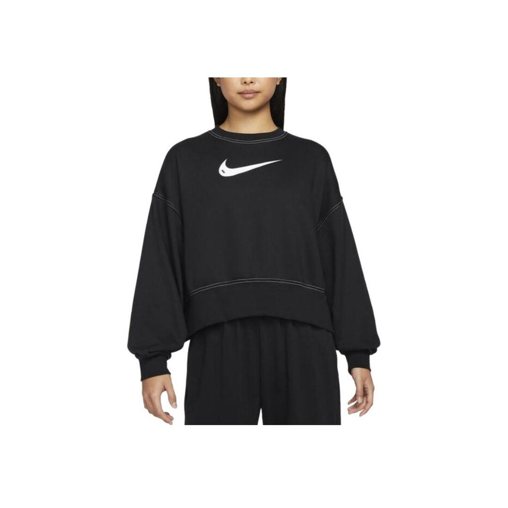 Nike Sportswear Swoosh Logo Embroidered Loose Knit Cropped Pullover Sweatshirt Women Tops Black DO7212-010