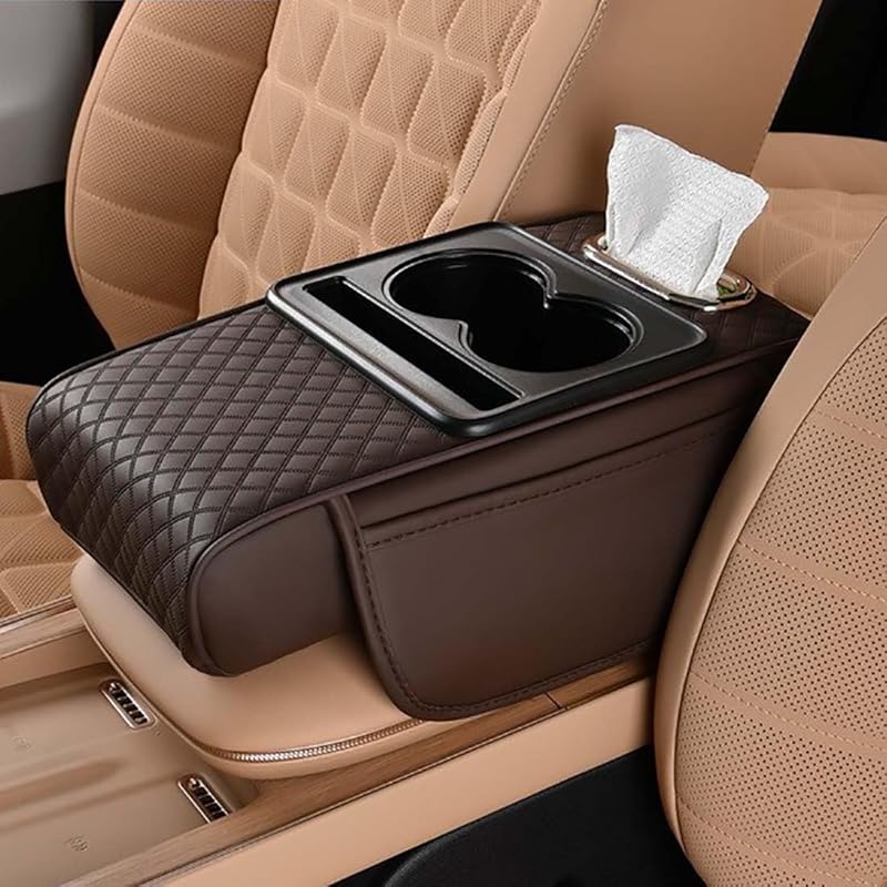 Car Armrest Cushion for SUV with Cup Holder 2.75" Height,5-in-1 Center Console Cover with 2 Storage Bags, Tissue Box Slot, Phone Slot for Sedans, Car