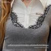 UNIFREE American Collegiate Faux Two-Piece Long Sleeve T-Shirt with Lace Trim