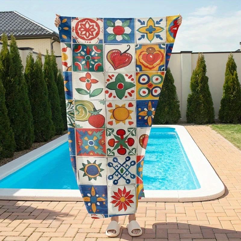 Custom Mexican Tile Beach Towel Talavera Pattern Print Microfiber Sand Free Quick Dry Soft Travel Accessory
