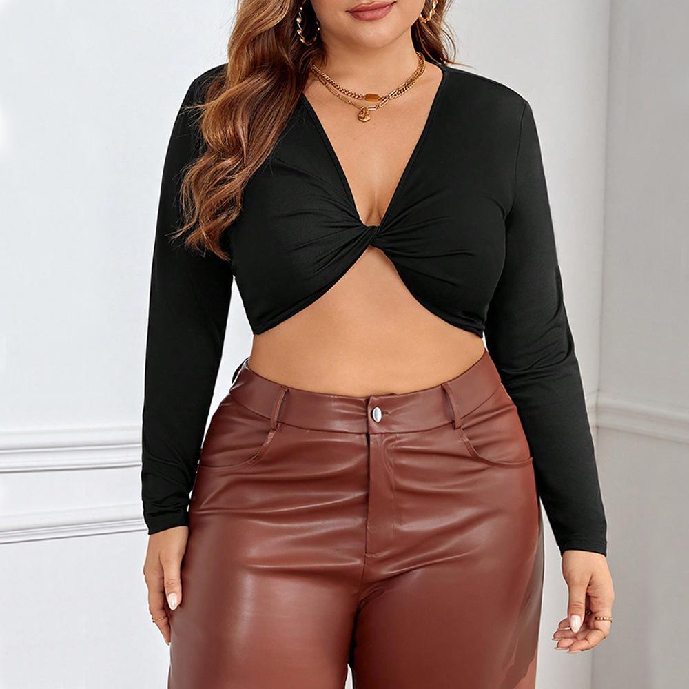 European and American large-size women's clothing, black long-sleeved tight-fitting, sexy and chic short open-button bottomed shirt and top.
