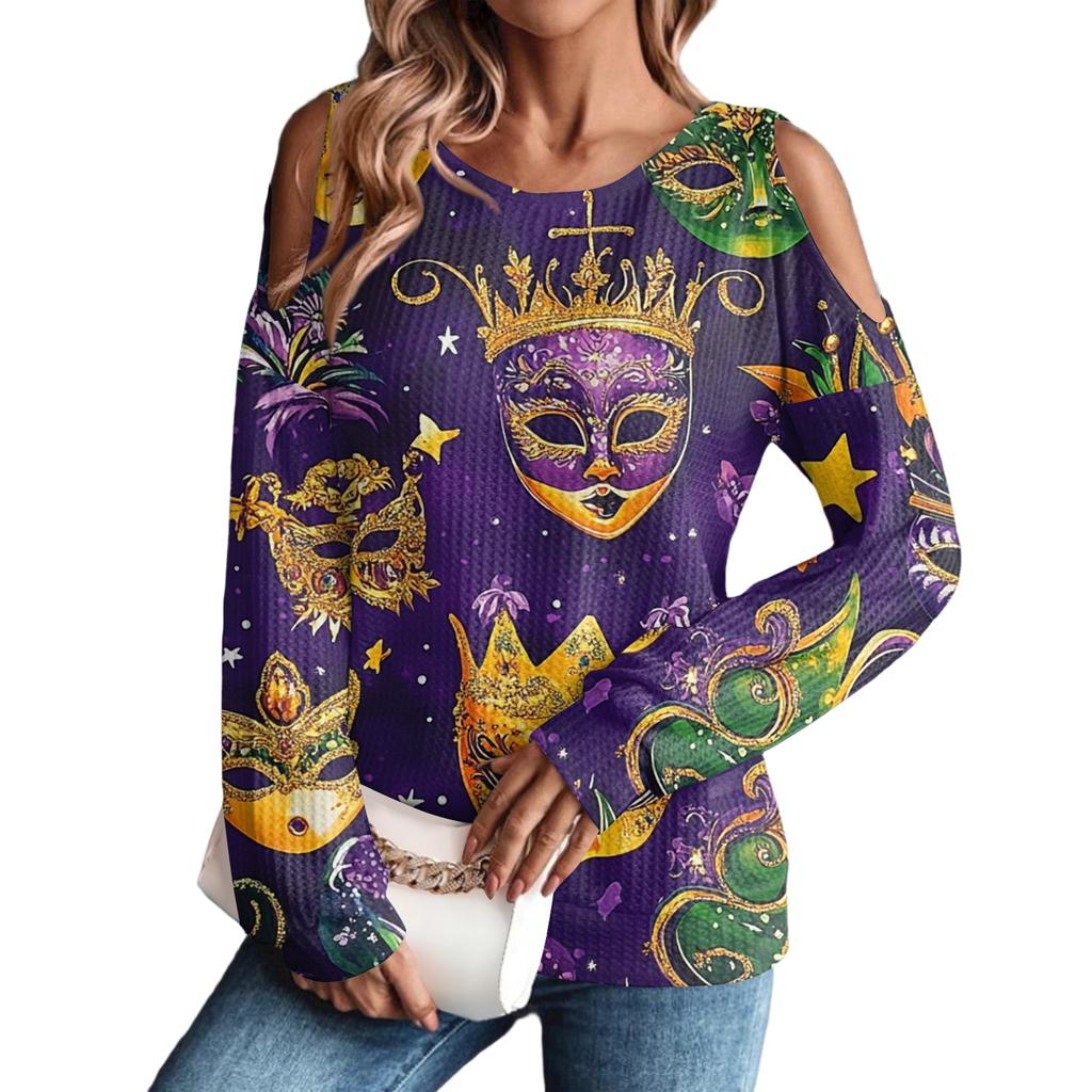 Damen Winter Oversized T-Shirt Modisch Schulterfrei Rundhals Vintage Blumendruck Pullover Langarm Oberteil