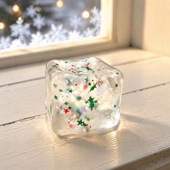 Christmas Party Favors Ice Cube Squeeze Toy, Slow Rising TPR Fidget Toy Adult Stress Relievers with Glitter Flow, Cute Holiday Decompression
