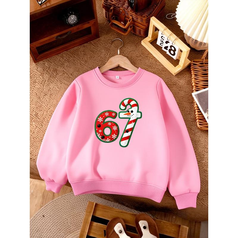 Unisex Kids Pink Crewneck Sweatshirt For 4-12 Boys Girls Christmas Snowflake Candy Cane Snowman Number 67 Print Soft Fleece Long Sleeve Pullover