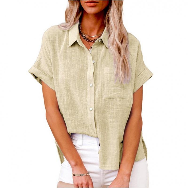 Frauen Sommer Einfarbig Baumwolle Leinen Shirts Revers Kurzarm Button Up Unregelmäßige Tasche Blau Weißes Hemd