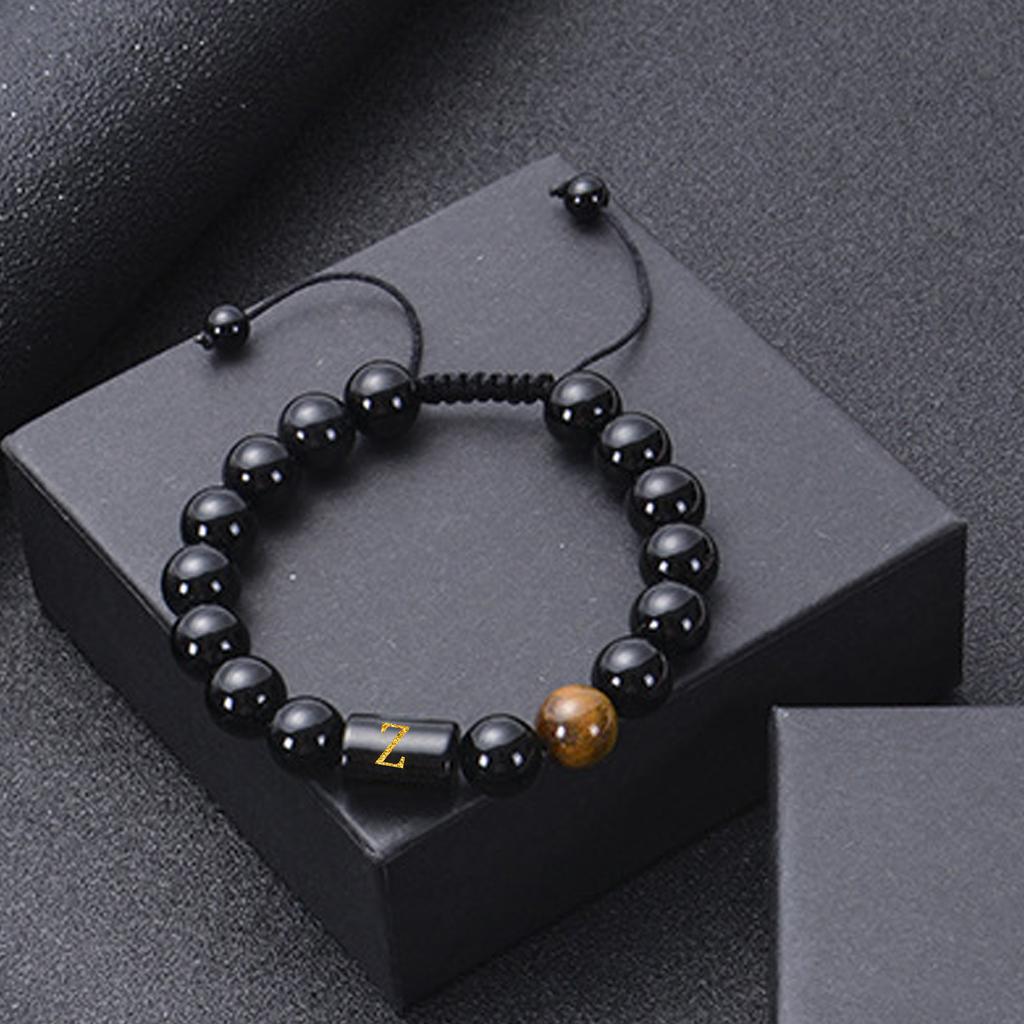 26-Letter Natural Stone Bracelet, 10mm Tiger'S Eye Bead Bracelet, Braided Rope Letter Bracelet, Adjustable For Men.