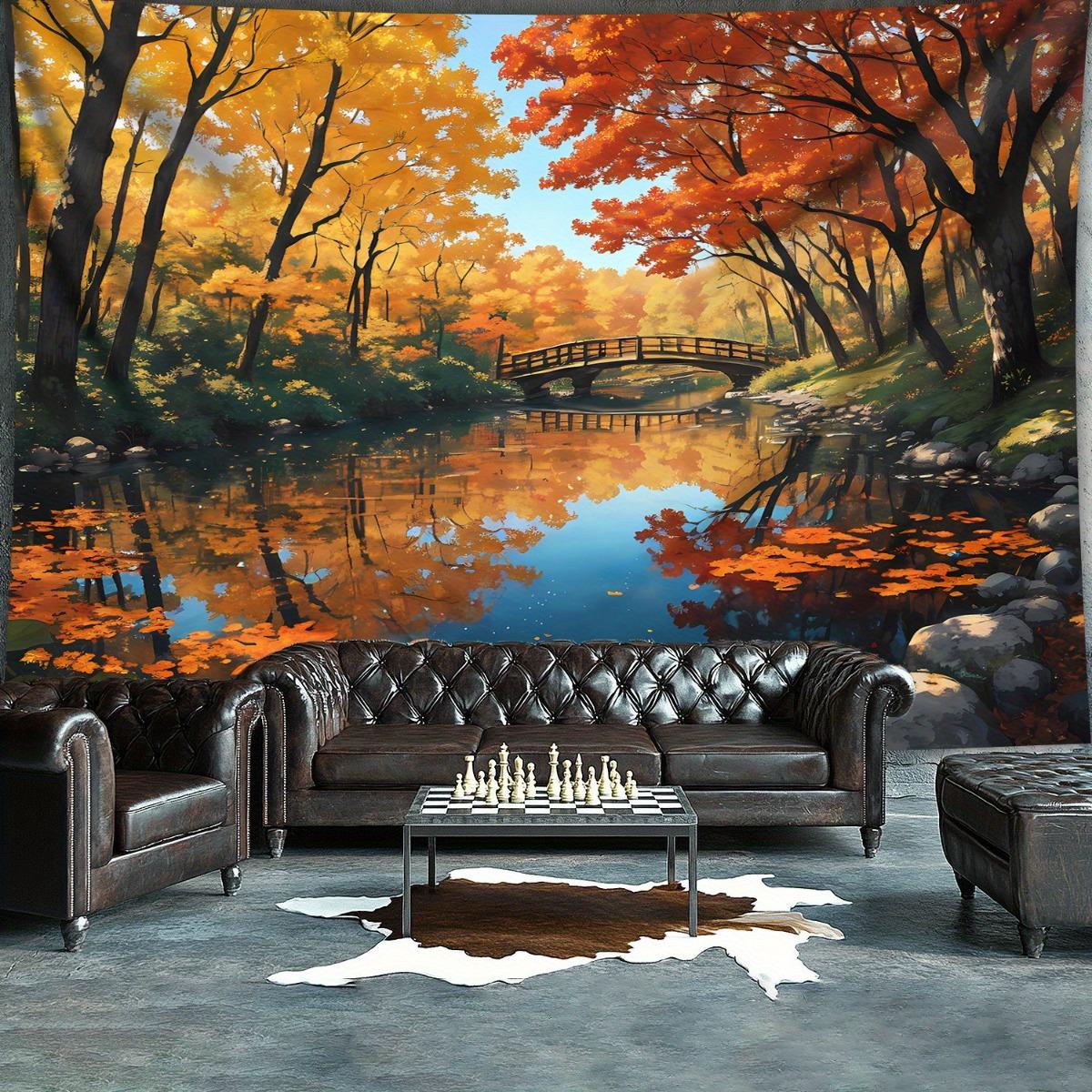 

1pc Large Autumn Forest Lake Tapestry Wall Hanging Realistic Fall Foliage Maples Birch Trees with Chequered Sofa Bridge G 74x94cm(29x37in)