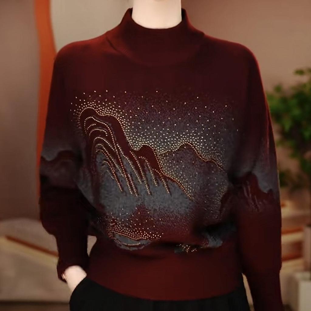 Women's Print Sweater Long Sleeve Rhinestone Stand Collar Sweater Autumn/Winter Soft Skin-Friendly Stretchy Knit Top