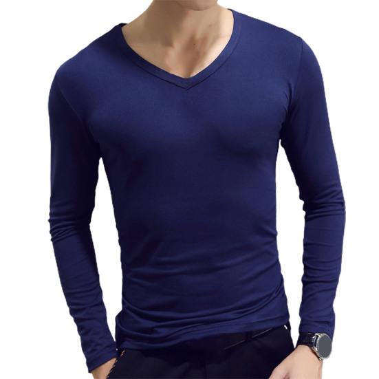 

Men Shirt Solid Color Pullover Casual V Neck Long Sleeve Slim Autumn Base Shirt for Daily Wear M темно-синього кольору