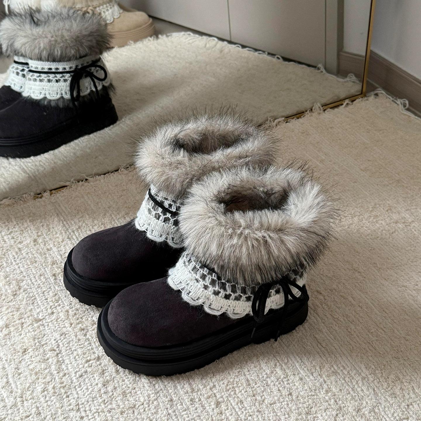Gray lace fluffy snow boots women s winter new plush warm cotton shoes platform short boots 35