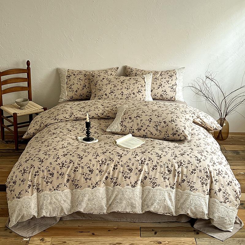 4pcs Vintage Lace Style Bedding Set Nordic Floral Duvet Cover Set Flat Sheet Twin Double Size Bed Sheet Set For Bedroom Decor