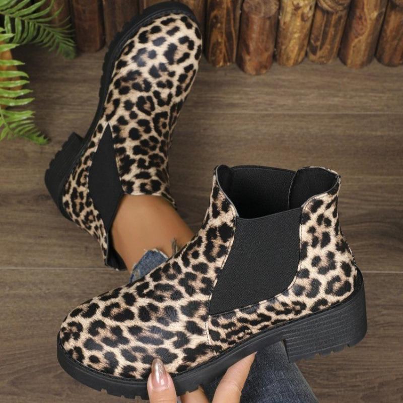Large Size New Autumn and Winter Leopard Print Thick Heel Platform Martin Boots European and American Short Boots